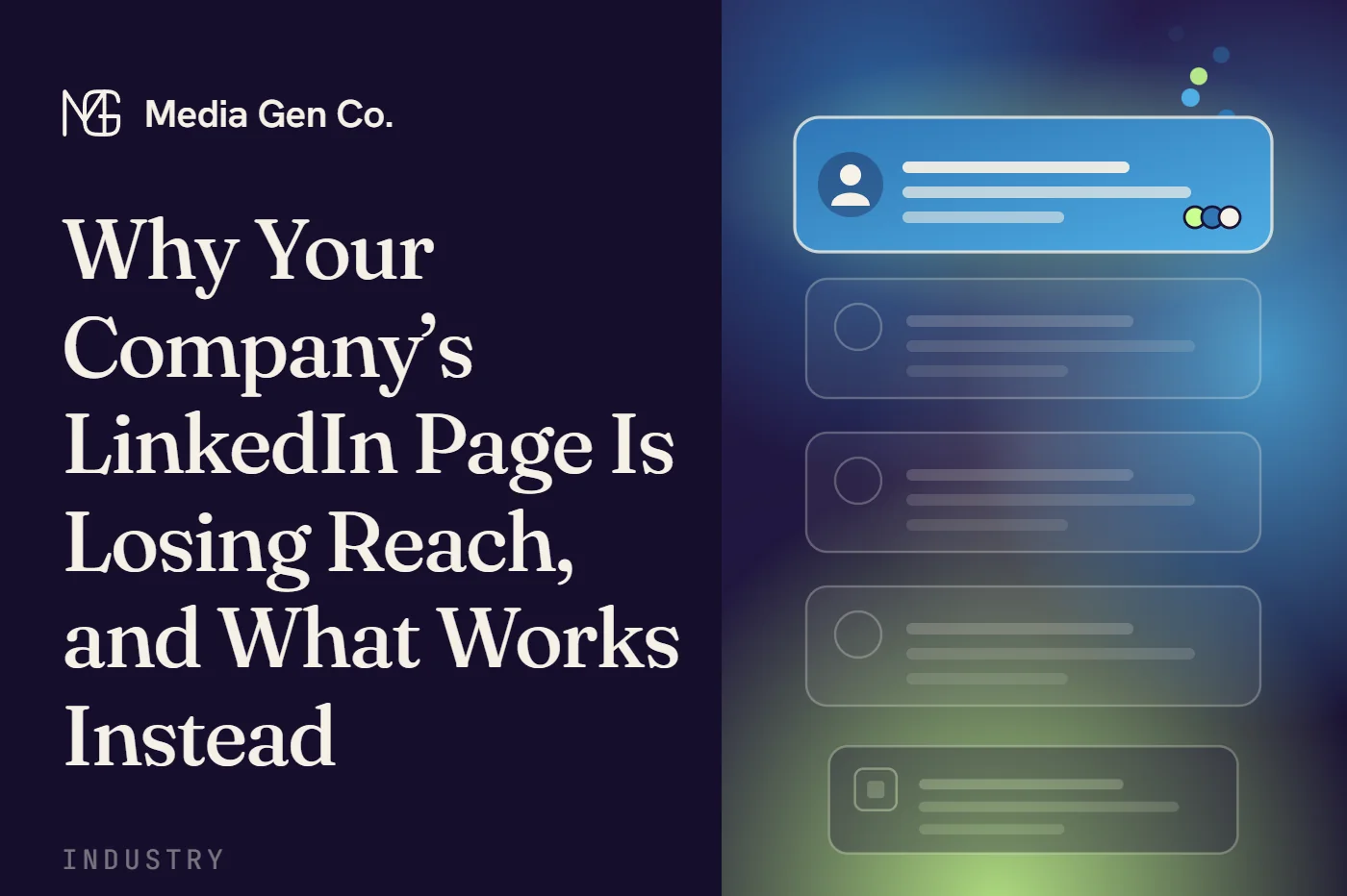 A LinkedIn feed: a person’s post holds the top with reactions rising off it, while the company page’s post loses its place and sinks to the bottom of the feed.