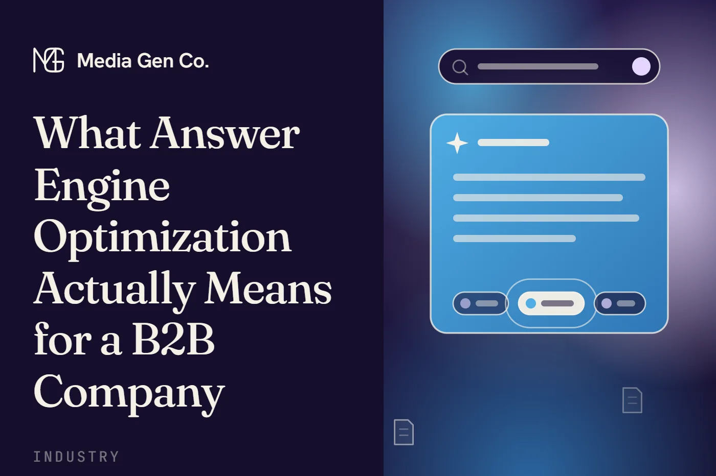An AI answer under a question bar, citing three sources: pages drift in from the edges, most never used, and the company’s own page lands as the lit citation.